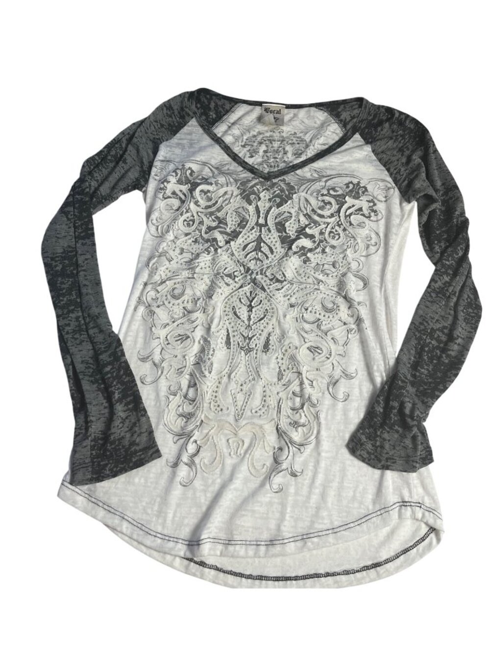 VTG Y2K Vocal Women’s M L/S shirt, gray & white rhinestone studded grunge cross